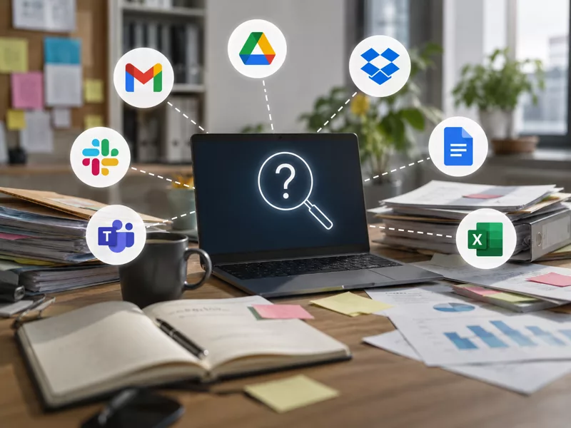 Laptop search ringed by disconnected app icons across email, drives and chat tools