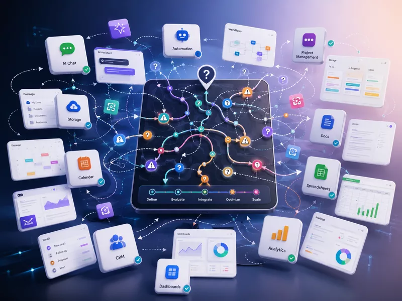 Overwhelming tangle of AI app icons and warning signs around a tablet
