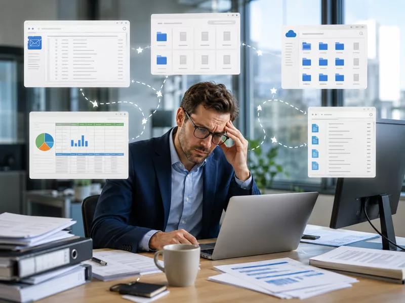 Stressed professional at a laptop surrounded by scattered, conflicting data windows